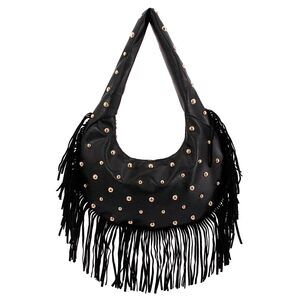 1077 Large Capacity PU Shoulder Bag Fringe Handbag Cluth Studded Decor Punk